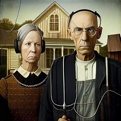 American Gothic with Headphones Brilliant prints, limited art print for sale