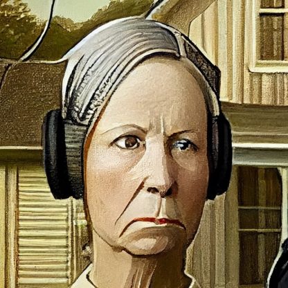 American Gothic with Headphones Brilliant prints, woman actual size, limited art print for sale